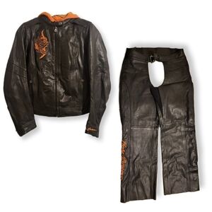 Harley Davidson Jacket and Chaps Set Orange Embroidery Large